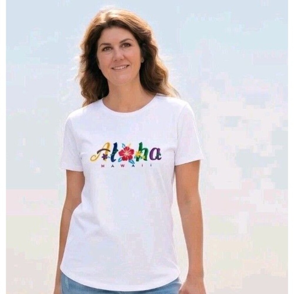 Vintage Anvil T shirt ALOHA Size S White Embroidered Hawaii Souvenir Rainbow 90s